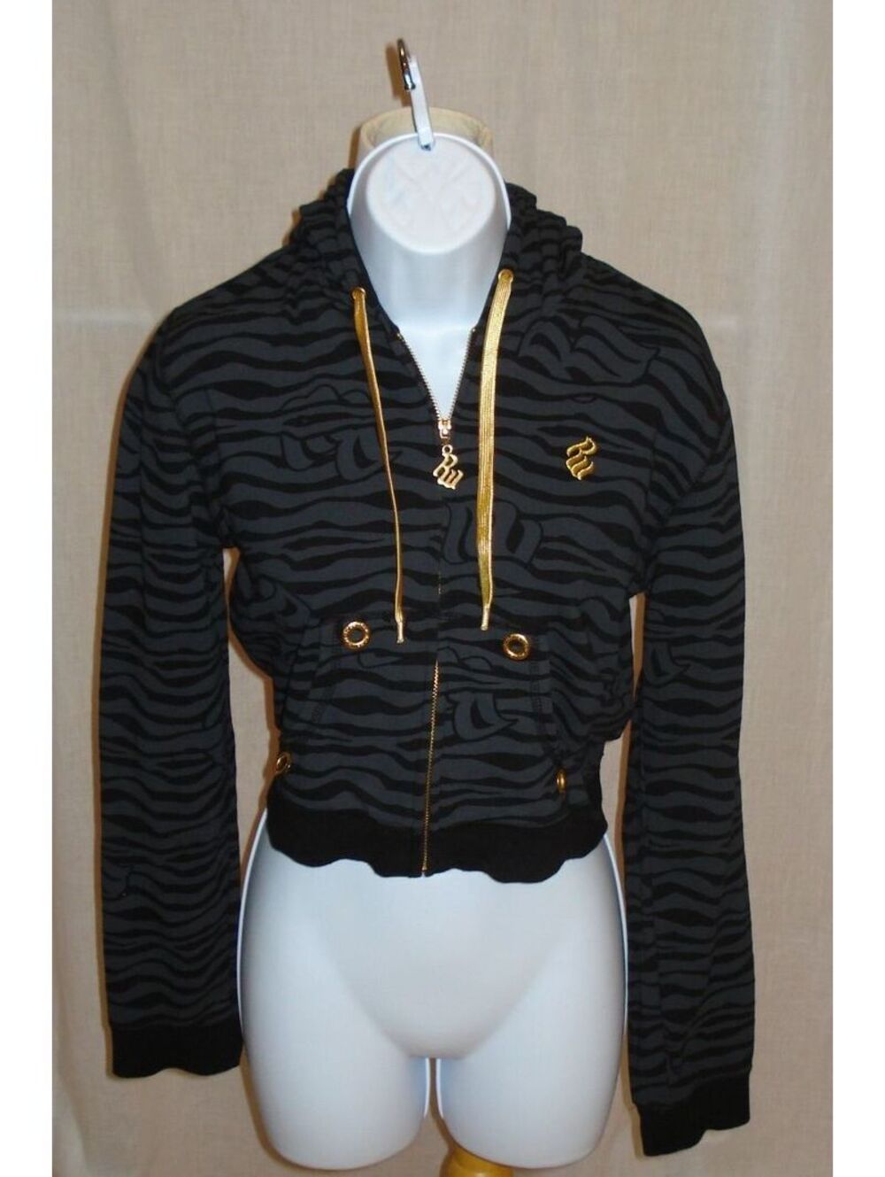 Vintage Y2K Rocawear Gold, Grey & Black Zebra Print Cropped Zip Sweatshirt Sz XL
